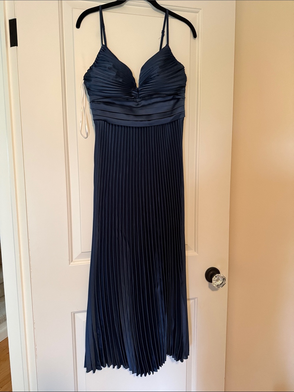 Lulu's Navy Pleated Midi Dress with Spaghetti Straps